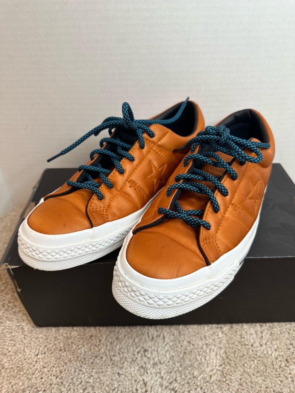 Converse Women's Amber Sepia Sneakers with Blue Laces, Pre loved